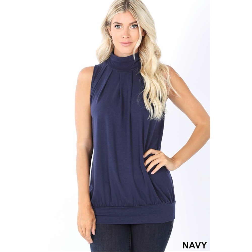 DREW HIGH NECK PLEATED TOP - NAVY